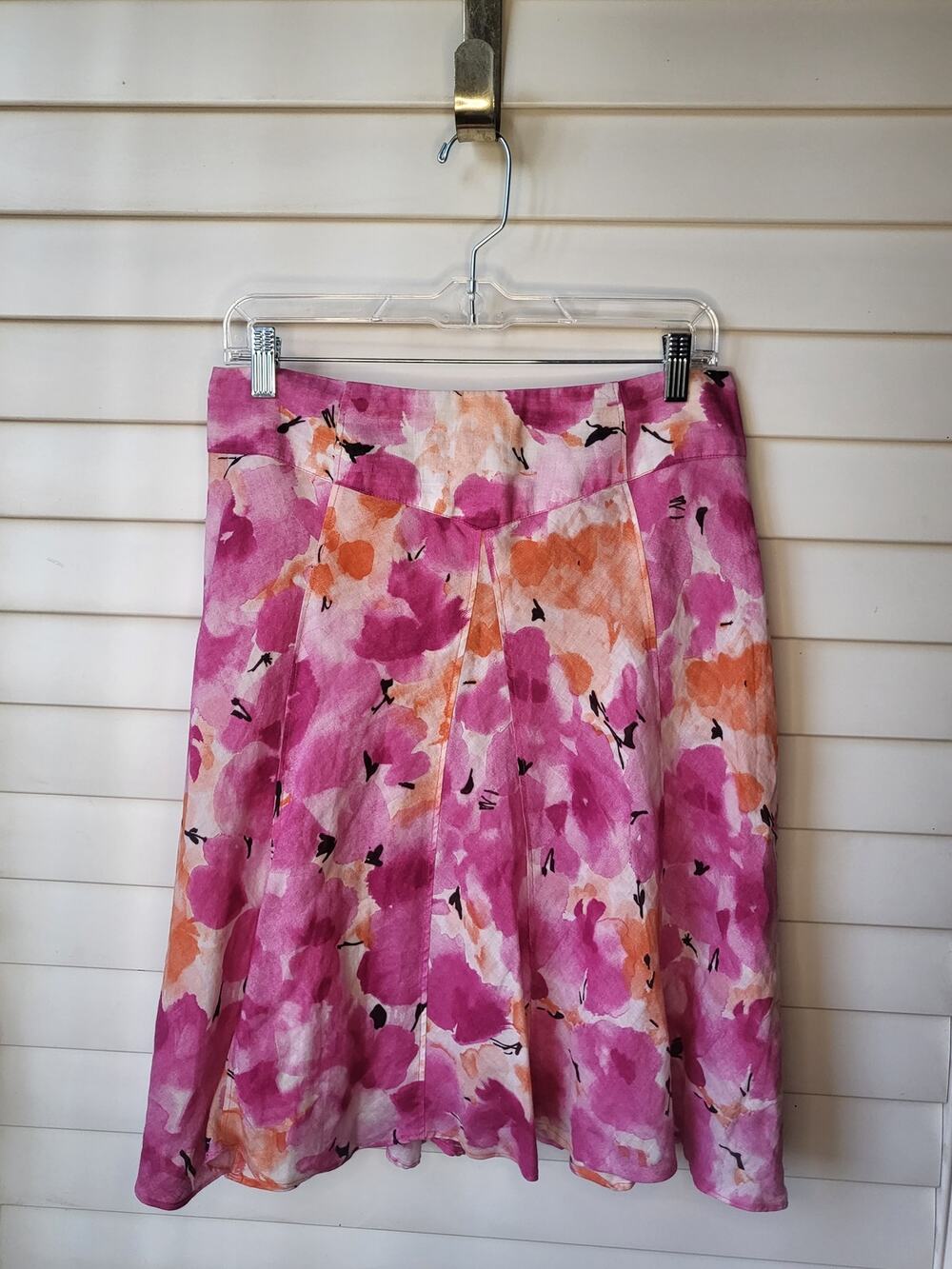 Y2k Hot Pink Linen Skirt with Pleats Knee Length in White, Orange Floral Print
